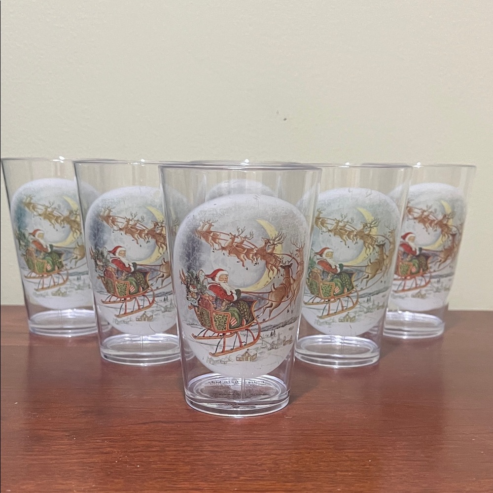 Pottery Barn Kids 10oz Hard Plastic Cups with Santa and the reindeers.